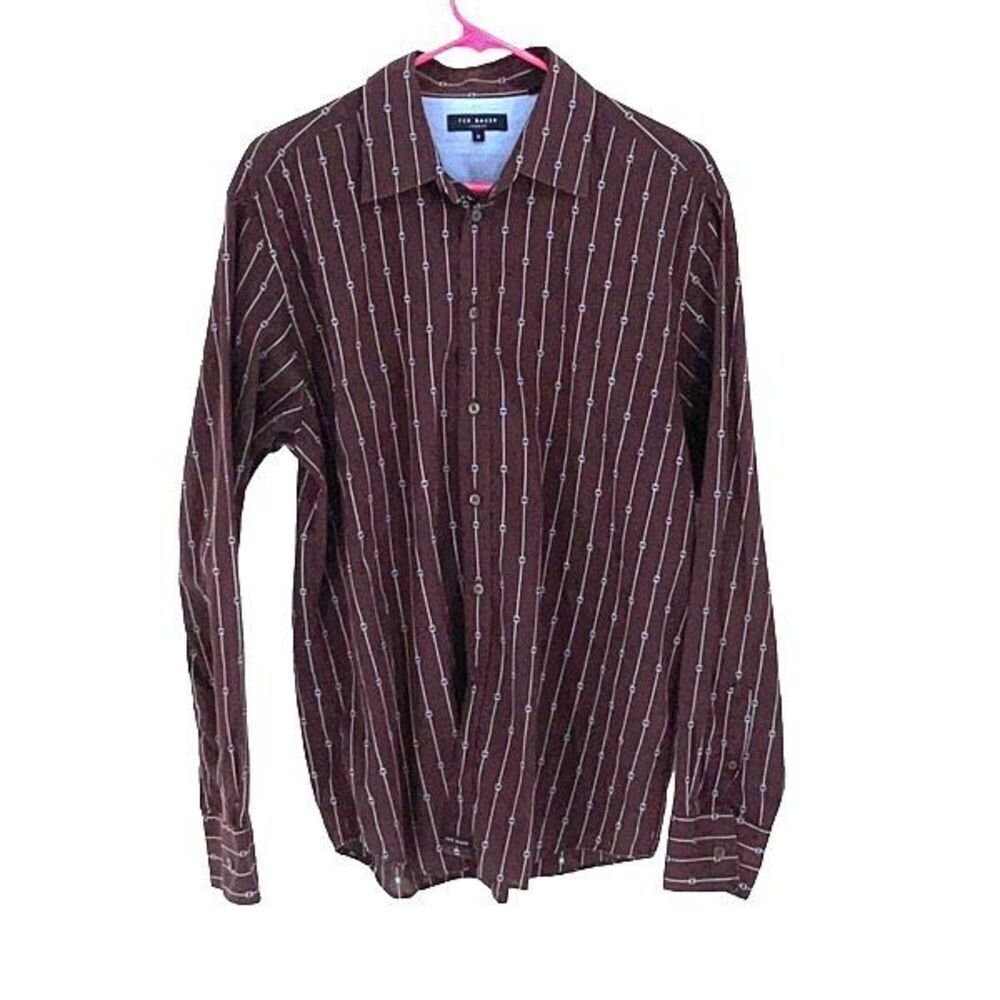 Ted Baker Mens Striped Long Sleeve Button Down Shirt Deep Wine Maroon Size 4 Med